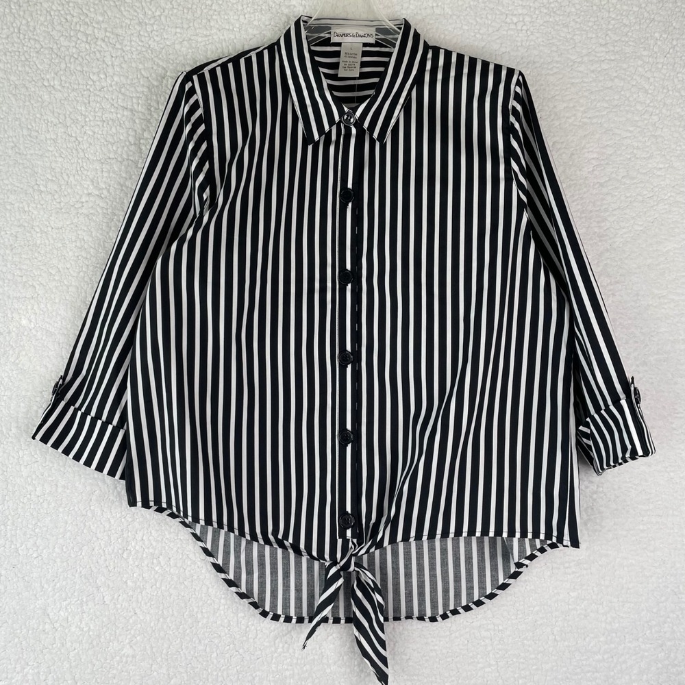 Drapers & Damons Womens Black White‎ Striped Tie Front Button Down Shirt Size L